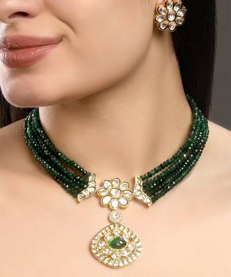 Green kundan and polki necklace set 1