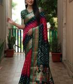 Handmade Bandhej With & Zari Weaving Kalash & Swastik Design Rich Pallu Saree 