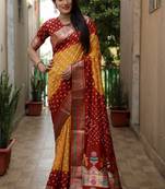 Handmade Bandhej With & Zari Weaving Kalash & Swastik Design Rich Pallu Saree 