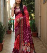 Handmade Bandhej With & Zari Weaving Kalash & Swastik Design Rich Pallu Saree 