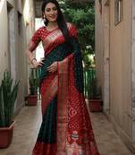 Handmade Bandhej With & Zari Weaving Kalash & Swastik Design Rich Pallu Saree 