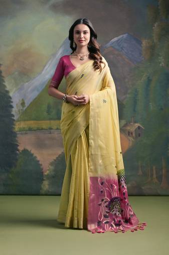 Yellow muga cotton zari weaving saree festive wear