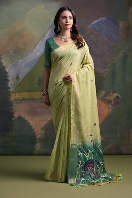 Pista muga cotton zari weaving saree festive wear 1