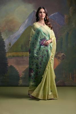 Pista muga cotton zari weaving saree festive wear 3
