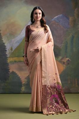 Peach muga cotton zari weaving saree festive wear 1