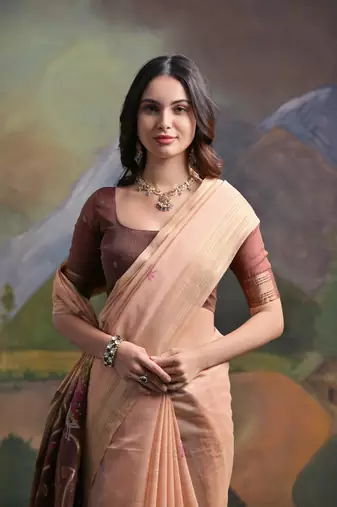 Peach muga cotton zari weaving saree festive wear