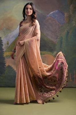 Peach muga cotton zari weaving saree festive wear 3