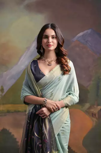 Firozi muga cotton zari weaving saree festive wear