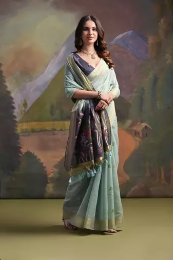 Firozi muga cotton zari weaving saree festive wear