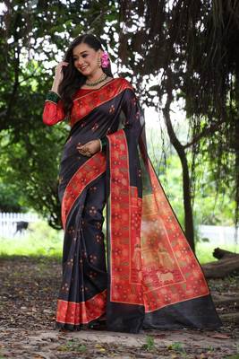 Black soft tussar silk blend printed saree festive wear 1
