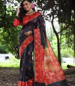 Black soft tussar silk printed saree festive wear