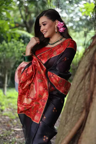 Black soft tussar silk blend printed saree festive wear