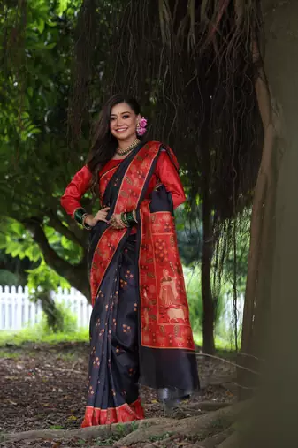 Black soft tussar silk blend printed saree festive wear