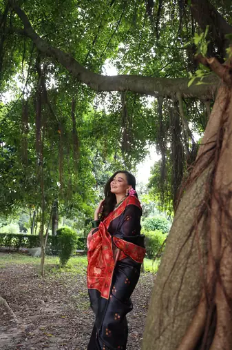 Black soft tussar silk blend printed saree festive wear
