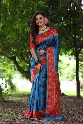 Aqua blue soft tussar silk blend printed saree festive wear 1