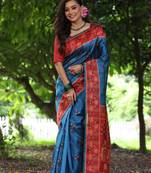 Aqua blue soft tussar silk printed saree festive wear