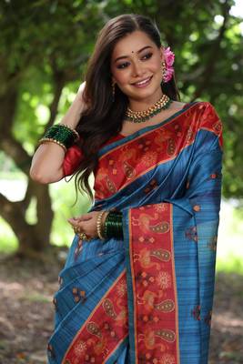 Aqua blue soft tussar silk blend printed saree festive wear 2