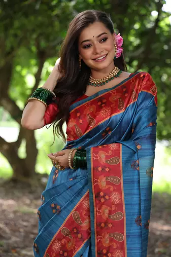 Aqua blue soft tussar silk blend printed saree festive wear