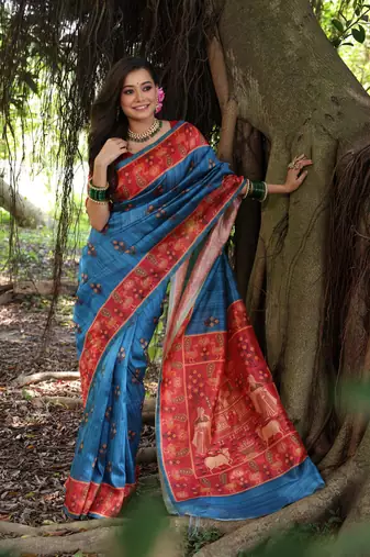 Aqua blue soft tussar silk blend printed saree festive wear