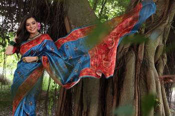 Aqua blue soft tussar silk blend printed saree festive wear 4