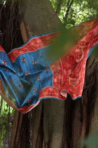 Aqua blue soft tussar silk blend printed saree festive wear