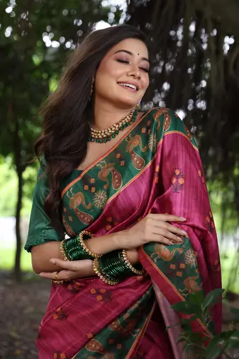 Pink soft tussar silk blend printed saree festive wear