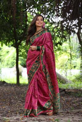 Pink soft tussar silk blend printed saree festive wear 3