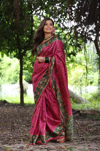 Pink soft tussar silk blend printed saree festive wear