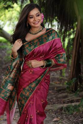 Pink soft tussar silk blend printed saree festive wear 4