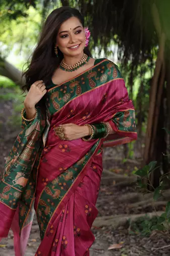 Pink soft tussar silk blend printed saree festive wear