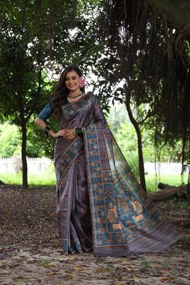 Grey soft tussar silk blend printed saree festive wear 1