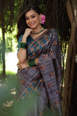 Grey soft tussar silk blend printed saree festive wear 2