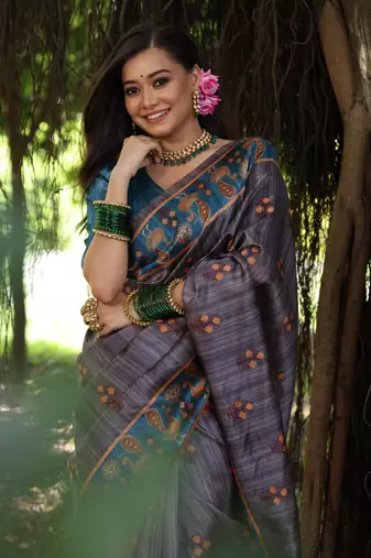 Grey soft tussar silk blend printed saree festive wear