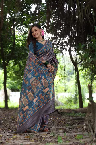 Grey soft tussar silk blend printed saree festive wear