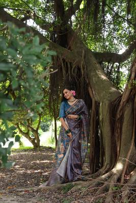 Grey soft tussar silk blend printed saree festive wear 4