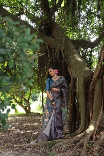 Grey soft tussar silk blend printed saree festive wear