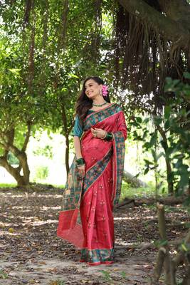 Red soft tussar silk blend printed saree festive wear 1
