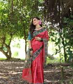 Red soft tussar silk printed saree festive wear