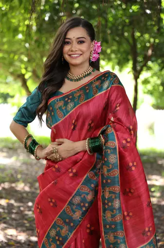 Red soft tussar silk blend printed saree festive wear
