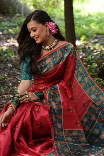 Red soft tussar silk blend printed saree festive wear