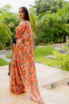 Orange satin georgette geometric print plain saree with unstitched blouse piece 2