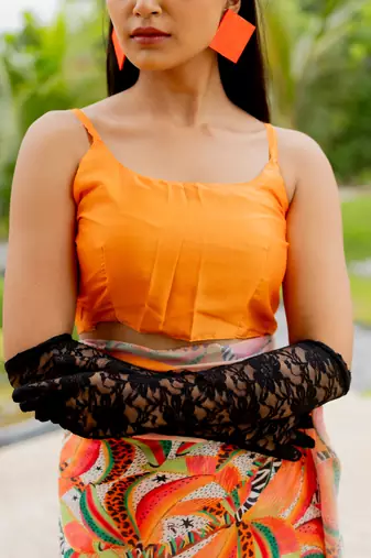 Orange satin georgette geometric print plain saree with unstitched blouse piece
