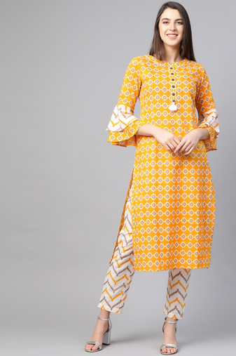 Yash gallery women's cotton floral printed straight kurta with pant (mustard)