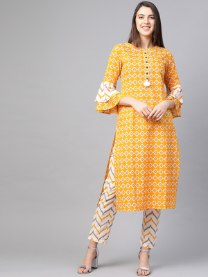  women's cotton floral printed straight kurta with pant (mustard) 1