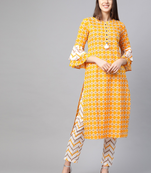 Yash gallery women's cotton floral printed straight kurta with pant (mustard)