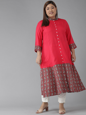  women's plus size rayon floral border printed anarkali kurti (pink) 1