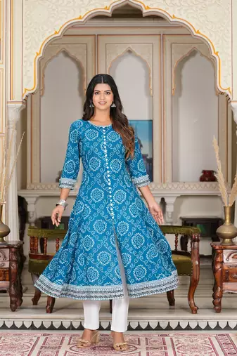 Yash gallery women's blue bandhej printed anarkali kurti (blue)