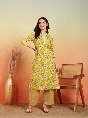  women's cotton flex floral print regular fitted mirror work straight kurta with pant (multi) 1