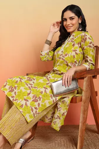  women's cotton flex floral print regular fitted mirror work straight kurta with pant (multi)