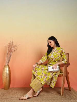 women's cotton flex floral print regular fitted mirror work straight kurta with pant (multi) 4